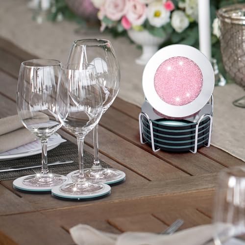 Jetec 6 Pcs Mirrored Glass Coasters with Holder, Bling, Pink, 4 Inch - Image 5