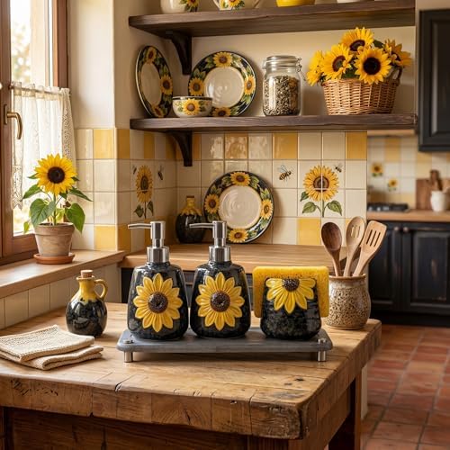 4 Pcs Sunflower Kitchen Decor Ceramic Soap Dispenser Set - Image 2