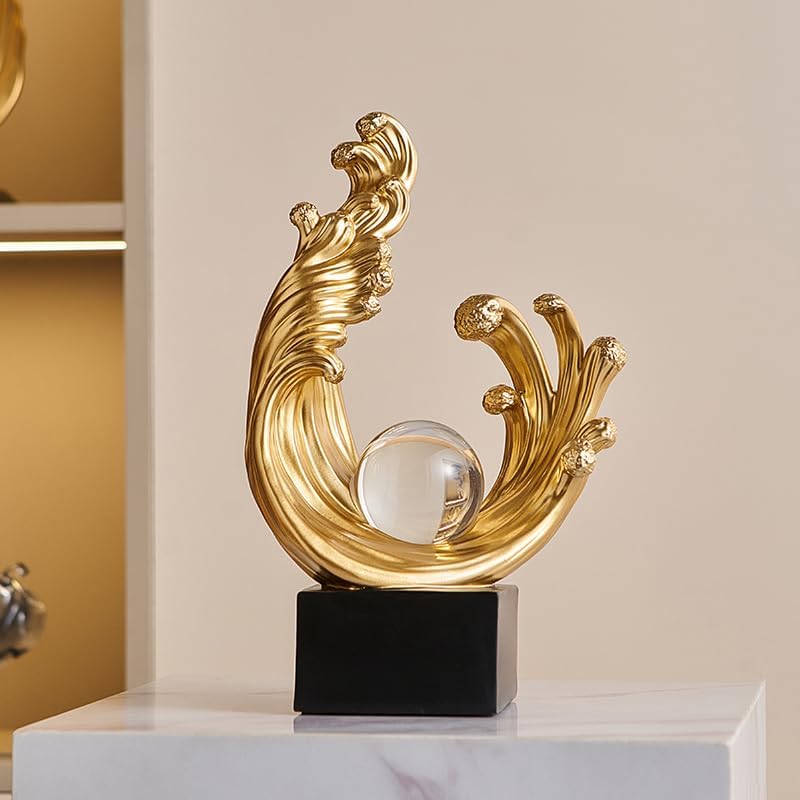 Modern Abstract Decorative Wave Statue, Gold Abstract Art Home Decor,Crystal Ball Art Wave Resin Sculpture, Office Desk Stand, Dining Table Center Decorative Aesthetics(A,Gold) - Image 2