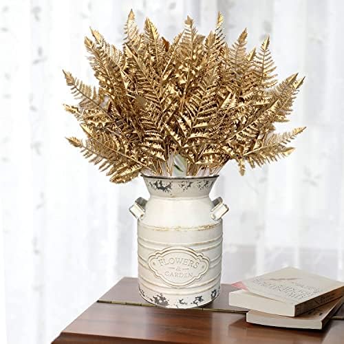 CATTREE Artificial Plants Christmas Decoration, Plastic Golden Boston Plant Fake Simulation Fern Leaves for Wedding Bridal Bouquet Party Indoor DIY Home Office Table Centerpieces Decor - Gold 4 Pack - Image 2