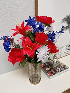 Admired by Nature 24 Stems 2pcs Artificial Flower Peony Lily Mum Patriotic Memorial Bouquet Cemetery Decorations for Grave, Spring Faux Flower Arrangement, Veterans, Independence Day, Red White Blue - Image 5