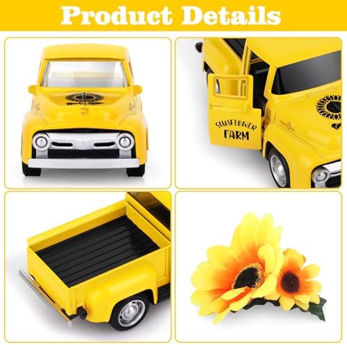 Sunflower Vintage Metal Truck Mini Metal Farm Truck Decor with Sunflower Bouquet Farmhouse Rustic Pickup Tiered Tray Decor for Home Kitchen Shelf Table Decor Yellow - Image 3