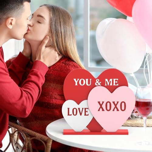 OLANRUN Valentines Day Decorations, 8.7 Inch Valentine Table Decorations Wooden Heart Sign with Letter LOVE XOXO, Valentines Day Decor Indoor for Home Office Kitchen Tiered Tray Table Fireplace Mantel - Image 2