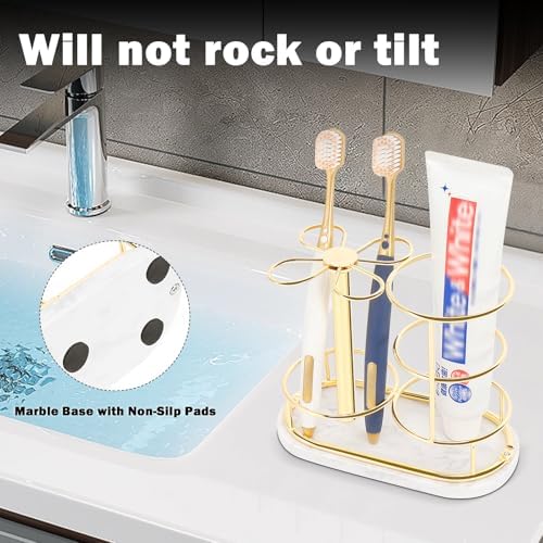 Toothbrush Holder Stand for Bathroom, Metal Toothbrush Organizer with Marble Base, Toothbrush Storage Collection for Family, Suitable for Home Hotel Countertop Vanity (Medium, Gold) - Image 6