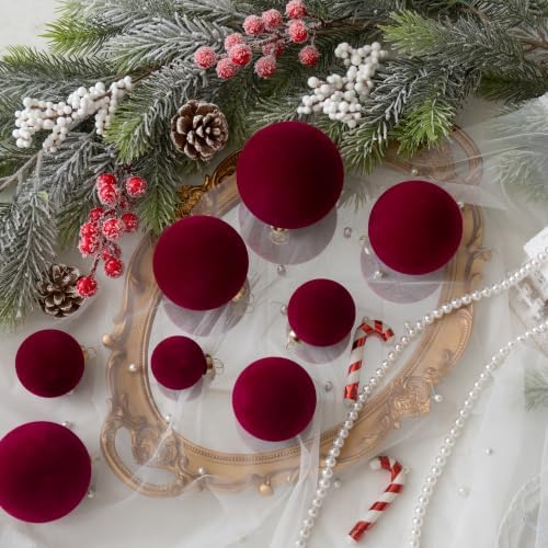 46Pcs Velvet Christmas Ball Ornaments Set - Flocked Shatterproof Christmas Tree Decorations Classic Hanging Ornaments with Rope for Xmas Wreath Holiday Home Decor (Multi-Size, Burgundy) - Image 3