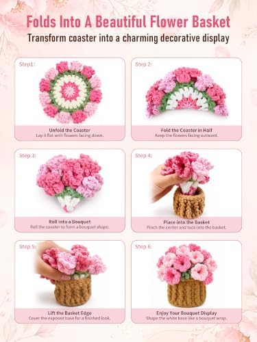 Crochet Flower Bouquet Coasters, Cotton Tulip Gift for Home Decor 4Pcs - Image 3