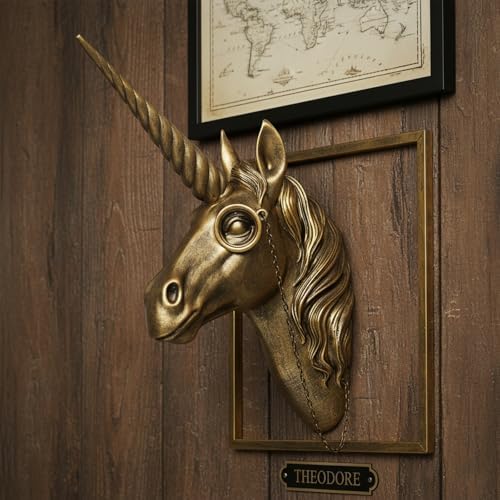 JJALIGHTS Exquisite Resin Animal Head Wall Sculpture (Gift Metal Frame) - Imitation Copper Vintage Decor for Living Room, Bedroom & Office | Decorative Wall Hanging Art (Unicorn) - Image 4