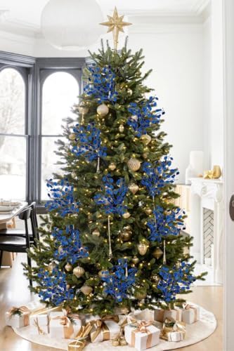 8 Pcs Christmas Tree Picks and Sprays Navy Blue Glitter Christmas Picks 26.8" Christmas Glitter Eucalyptus Leaves Stems for Christmas Tree Filler Branches Wreaths Centerpieces Holiday Decorations - Image 4