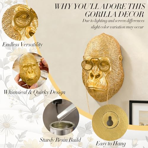 Juedawyal Gold Animal Head for Wall, Resin Gorilla Animal Heads Wall Decor Sculpture Vintage Wall Art for Eclectic Gallery Wall Entryway Bar Living Room Home Office - Image 2