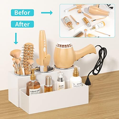 HIIMIEI Hair Tool Organizer, Acrylic Hair Dryer Holder, Bathroom Countertop Blow Dryer Stand Storage, Vanity Organizer for Accessories, Makeup, Flat Irons, Curling Irons, and Toiletries (White) - Image 5