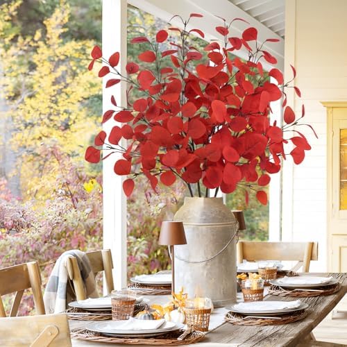 4Pcs Artificial Eucalyptus Leaves Stems 33.8‘’ Eucalyptus Plants Branches Greenery for Home Fireplace Farmhouse Party Wedding Table Bathroom Christmas Décor Red - Image 2