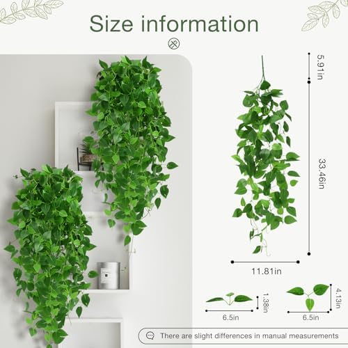 Artificial Pothos Vines 4 Pack, 40" Fake Hanging Plants for Wall Decor Indoor, Lush Heart-Leaf Trailing Vines for Bookshelf Living Room Bedroom Decor - Image 2