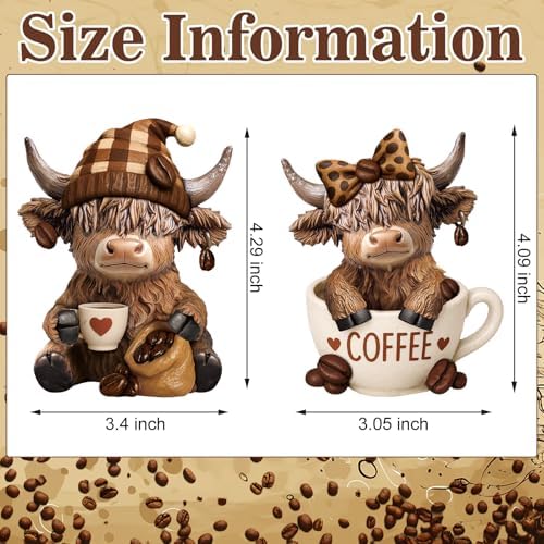 Wesiti 2 Pcs Highland Cow Figurines, Coffee Resin Statue Desk Decor - Image 3