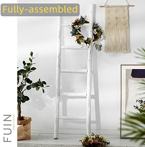 FUIN Blanket Ladder, 57in Rustic Wood Decor Rack, Fully Assembled, White - Image 2