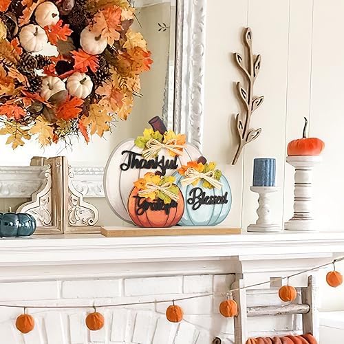 3 Pcs Fall Pumpkin Decor Wooden Table Sign Thankful Blessed Grateful Tabletop for Autumn Farmhouse Vintage Thanksgiving Harvest Party Rustic Home Room Table Shelf Halloween Decorations - Image 4