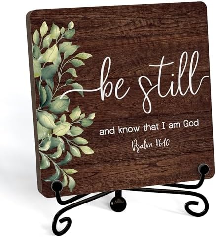 Inspirational Christian Desk Decor, Be Still And Know That I Am God Rutsic Sign, Desk Decorations For Office Home Living Room Bathroom, Eucalyptus Shelf Decor, Wooden Plaque With Stand (05) by JUSITAKEET