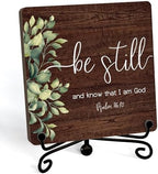 Inspirational Christian Desk Decor, Be Still And Know That I Am God Rutsic Sign, Desk Decorations For Office Home Living Room Bathroom, Eucalyptus Shelf Decor, Wooden Plaque With Stand (05) by JUSITAKEET
