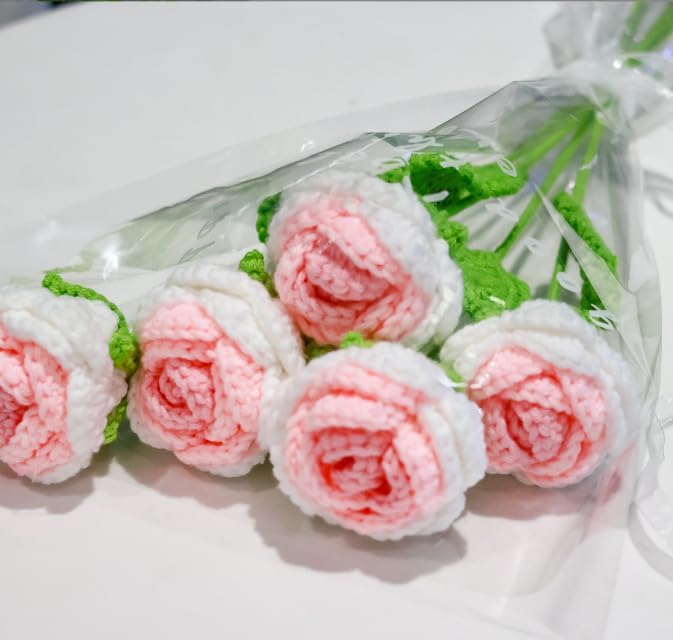 JOONOR 6 Pcs Hand-Woven Roses, Crochet Rose Flower Bouquet, Gradient Pink - Image 3