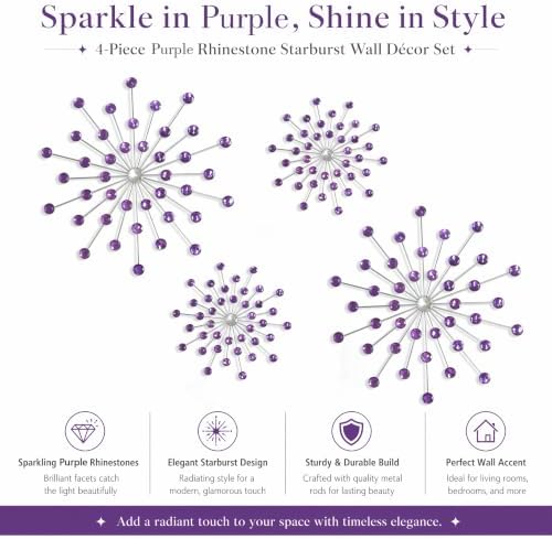 ZEXUIRU 4 Set Silver Starburst Wall Art for Home Decor Metal Bling Crystal Rhinestones Sunburst Wall Decor Sparkling Rhinestone Art Accent Silver - 13 in - Image 5