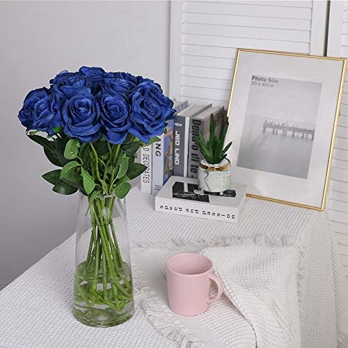 10pcs Blue Roses Artificial Flowers, Realistic Faux Rose with Long Stem - Image 2