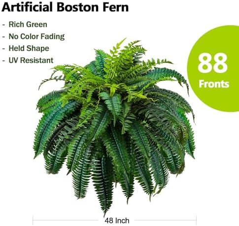 2 Pack Artificial Boston Ferns Outdoor, 48 Inch Large Fake Fern Plants with 88 Leaves, Faux Fern for Porch Planters, Patio, Front Door, Indoor Outdoor Decor - Image 2