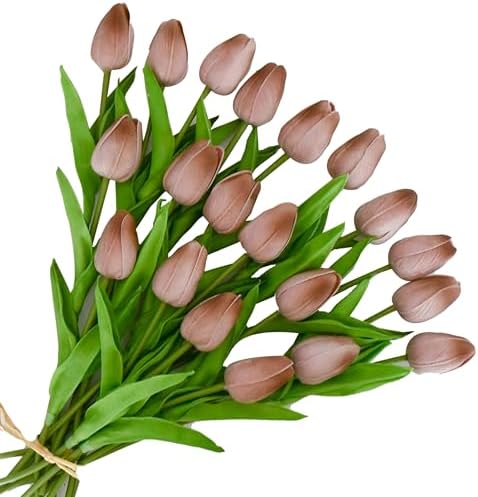 ONLY ART Artificial Brown Tulips 20 Pcs – 13.5 Inch PU Faux Flowers with Bendable Stems for Home Décor, Wedding Centerpieces, DIY Floral Arrangements, New Year and Valentine's Day by ONLYART