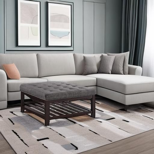 24KF Large Square Upholstered Tufted Linen Ottoman Coffee Table, Large Footrest - Image 6