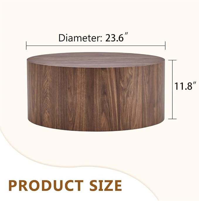 Round Coffee Table, 23.6" Modern Wood Drum Coffee Table, Round Accent Center - Image 2