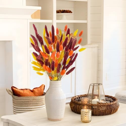 Uieke 240 Pcs Bunny Tails Dried Flowers, 17'' Natural Dried Pampas Grass Decor, Yellow Burnt Orange Burgundy Reed Grass Bouquet for Boho Wedding Home Party Fall Decorations - Image 3