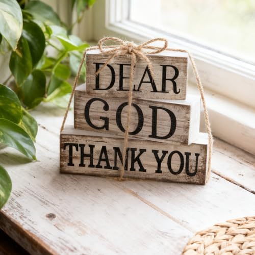 CroBlissful 4 Pcs Farmhouse Wooden Table Decor Christian Tiered Tray Decorations Rustic Religious Gift Block Sign Dear God Thank You Table Centerpiece for Home Kitchen Living Room Shelf Mantle - Image 4