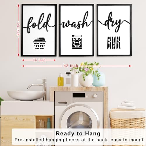 3D Wood Laundry Room Wall Decor, 48" x 24" Framed Laundry Room Wall Art, 3D Signs for Room Decor (Ready to Hang, Set of 3, Framed) - Image 5