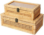 DECOR4SEASON Rattan and Cane Stacking Boxes with Glass Top Lid - Set of 2 for Boho, and Rustic Farmhouse Decor - Image 2