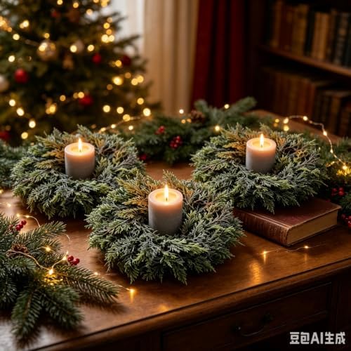 4 Pcs Small Christmas Hanging Wreaths with Artificial Cedar Pine Greenery Burgundy Dark Red Velvet Ribbon Mini Front Door Wreath for Porch Window Cabinet Wall Farmhouse Christmas Winter Holiday Decor - Image 5