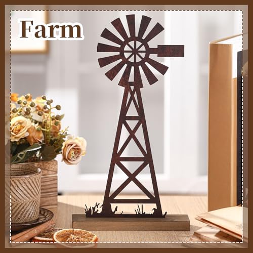 Tandefio 1 Pcs Farmhouse Windmill Table Top Country Decor, Metal Rusty - Image 3