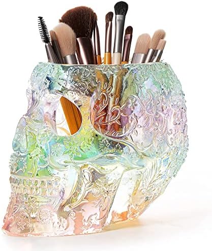 Skull Makeup Brush Holder, Pen Holder, Vanity, Desk, Office Organizer, Stationary, Decor Planter, Candy Bowl, Goth Decorations, Extra Large, Skulls Gothic Skull & Bones Organizer Bathroom (iridescent) by TheWineSavant