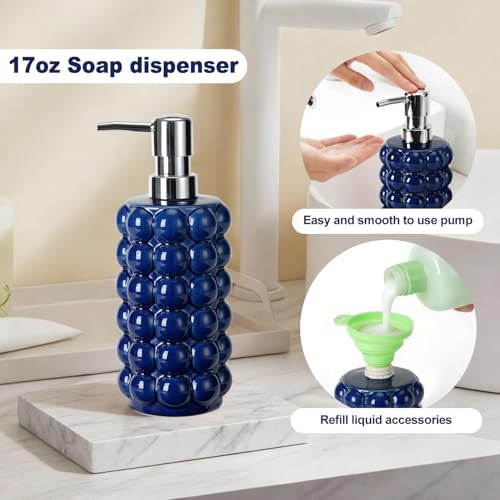 4 Piece Ceramic Bathroom Accessories Set –Soap Dispenser,Toothbrush Holder,Tumbler & Soap Dish,Includes Silicone Funnel,Non-Slip,Modern Farmhouse Countertop Organizer Set for Bathroom Decor, Navy Blue - Image 4