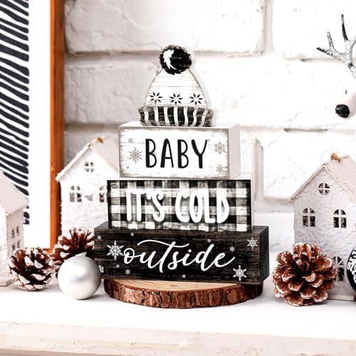Marsui 4 Pcs Winter Wooden Hat Block Sign Farmhouse Table Decor Rustic - Image 6