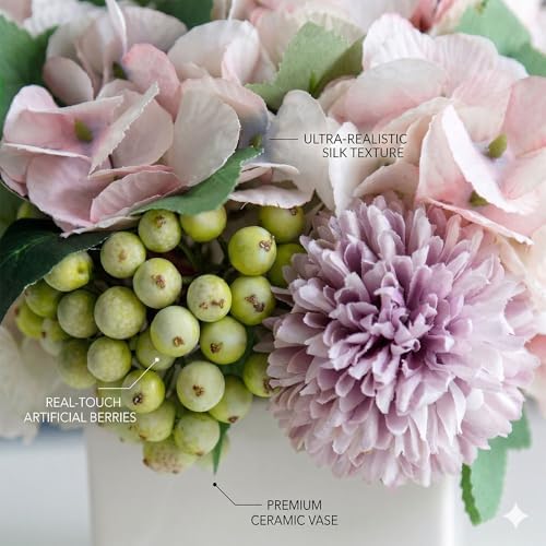 TKAS Fake Flowers Arrangement in Ceramic Vase, Artificial Faux Silk Hydrangea & Green Berries, Small Realistic Dried-Style Floral Centerpiece for Dining Table, Wedding Party Home Decoration (Purple) - Image 2