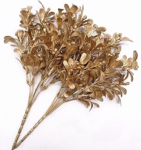 CATTREE Christmas Artificial Flowers, Golden Leaves Branches Plants Fake Berry Plant Decor for Wedding Party Indoor Outdoor DIY Home Office Table Centerpieces Arrangements Decoration - Gold 2 Pack - Image 3