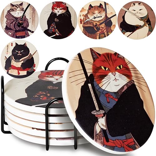 Ninja Cat Coasters Set of 6 - Cat Gifts for Men Anime Decor, Funny Coasters by StraightCoastin