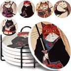 Ninja Cat Coasters Set of 6 - Cat Gifts for Men Anime Decor, Funny Coasters by StraightCoastin