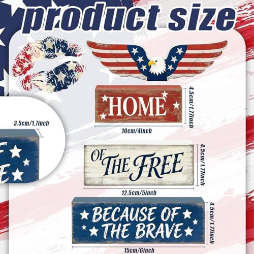 4th of July Table Decorations Patriotic Memorial Day Tiered Tray Decor Wooden Eagle Block Signs Independence Farmhouse 250th July Fouth Centerpiece for Tables Wooden Sign for Home Decor - Image 3