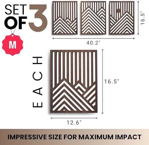 qmmp Modern Wooden Wall Sculptures - Set of 3 - Home Decor Accent - Large Wall Art for Living Room, Bedroom, Office - Easy Installation (Walnut, Medium - Mountain and Sun) - Image 2