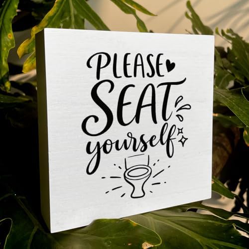 Funny Rustic Bathroom Decor Wooden Box Sign 5x5 Inch - "PLEASE SEAT yourself" Humorous Restroom Shelf Table Decor, Farmhouse Style Wall Countertop Ornament for Home Guest Bathroom Housewarming Gift - Image 6