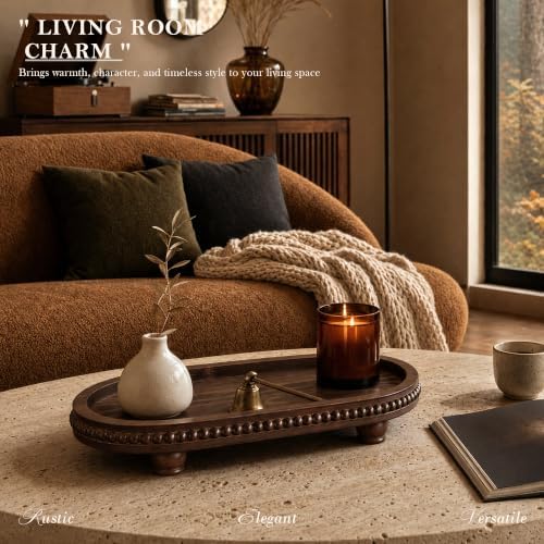Oval Wooden Decorative Tray with Beaded Edge for Room Decor, Vintage Brown - Image 5
