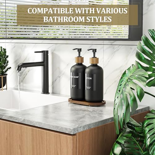 MASADI Black Soap Dispenser Set with Tray, Dish and Hand soap Lotion Dispenser Set with Wooden Pump for Kitchen and Bathroom Decor for Counter, Modern Vintage Liquid Soap Dispensers - Image 6