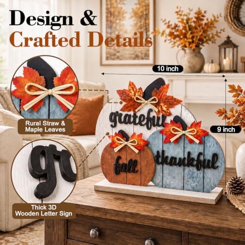 OLANRUN Fall Decor, Thanksgiving Fall Decorations for Home, 3Pcs Wooden Autumn Pumpkin Decor Sign, Farmhouse Thanksgiving Table Decorations Indoor for Office Living Room Bedroom Mantel Kitchen - Image 3