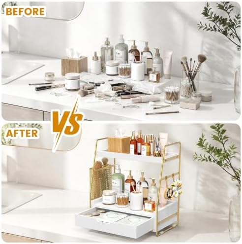 2-Tier Bathroom Counter Organizer with Drawer, Wood Counter Storage Shelf - Image 4