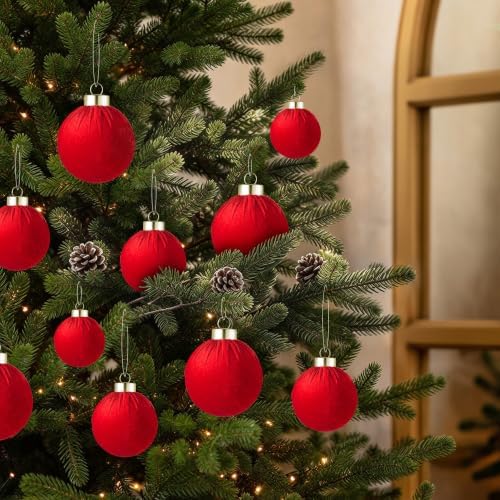 Velvet Christmas Ball Ornaments - 30pcs Flocked Christmas Ornaments Set Shatterproof Classic Hanging Xmas Tree Decorations with Rope for Wreath Holiday Home Decor (Red) - Image 5