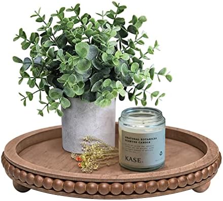 HPC DEC R OUR HAPPY PLACE 12in Round Wood Beaded Tray - Brown, Distressed Finish - Farmhouse Boho Style - Decorative Tray for Living Room, Coffee Table, Kitchen Table or Serving Tray by HPCDECOR